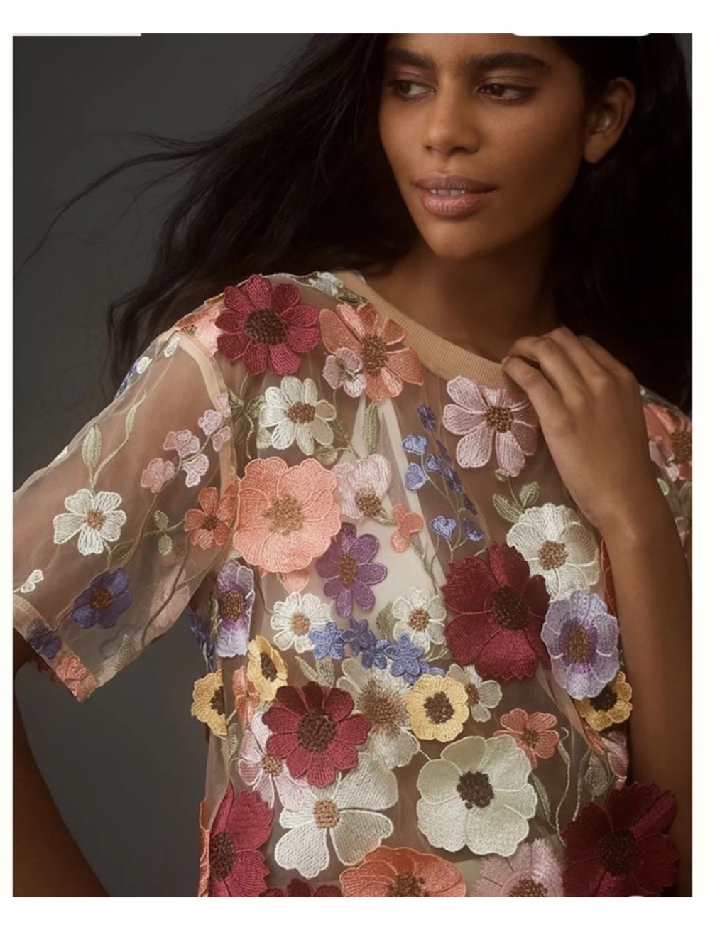 Anthropologie Sheer Floral Appliqué Top in Multicolor